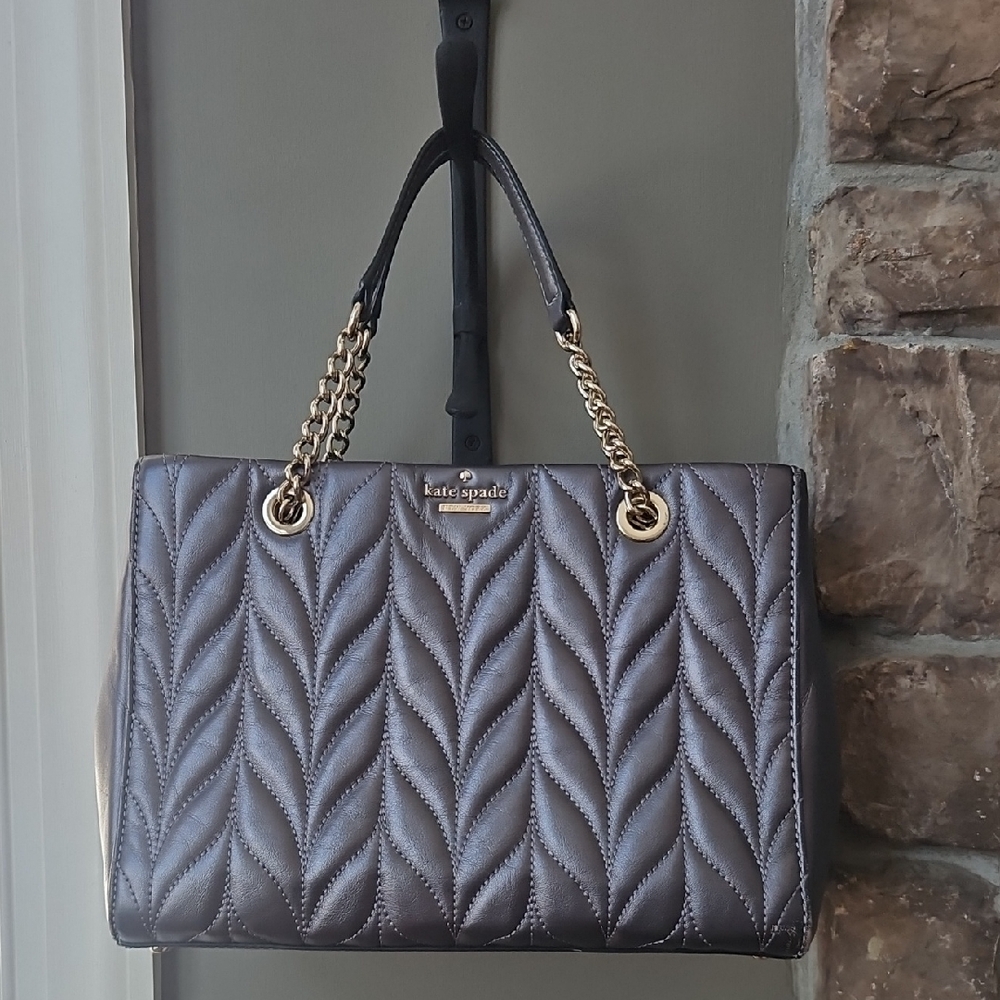 Kate Spade Metallic Gray (Gunmetal) Quilted Leather Shoulder Bag Gold Hardware